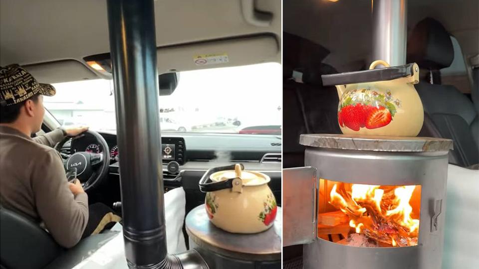 В Андижанской области владелец Kia оснастил салон печкой на дровах