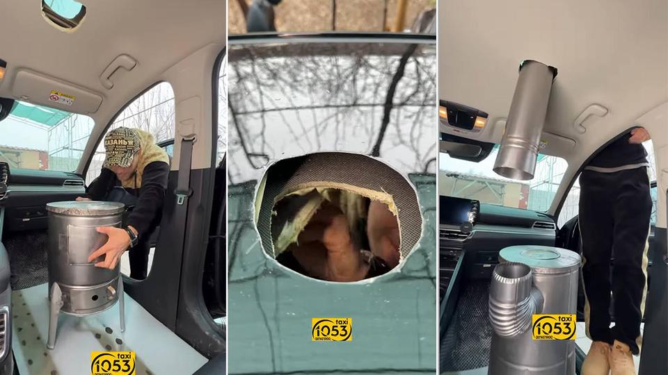 В Андижанской области владелец Kia оснастил салон печкой на дровах